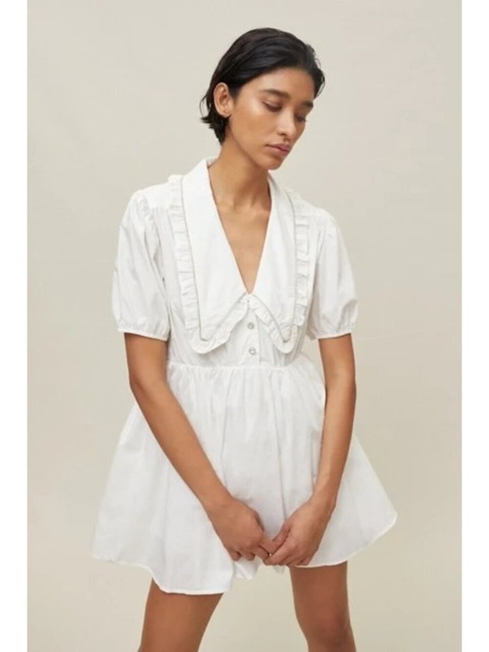 Sister Jane White Lily Of The Valley Ruffle Collared Mini Dress, Size XL